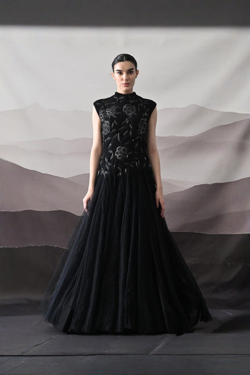 Black Hand-Embroidered Sleeveless Gown