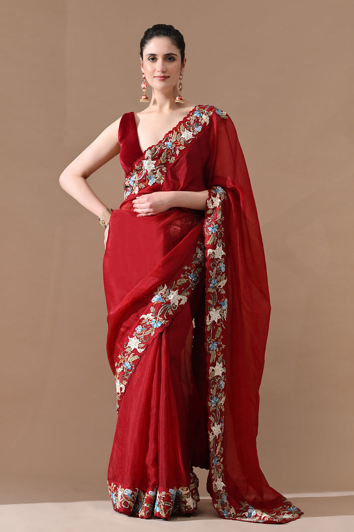 Ruby Red Floral Threadwork Saree