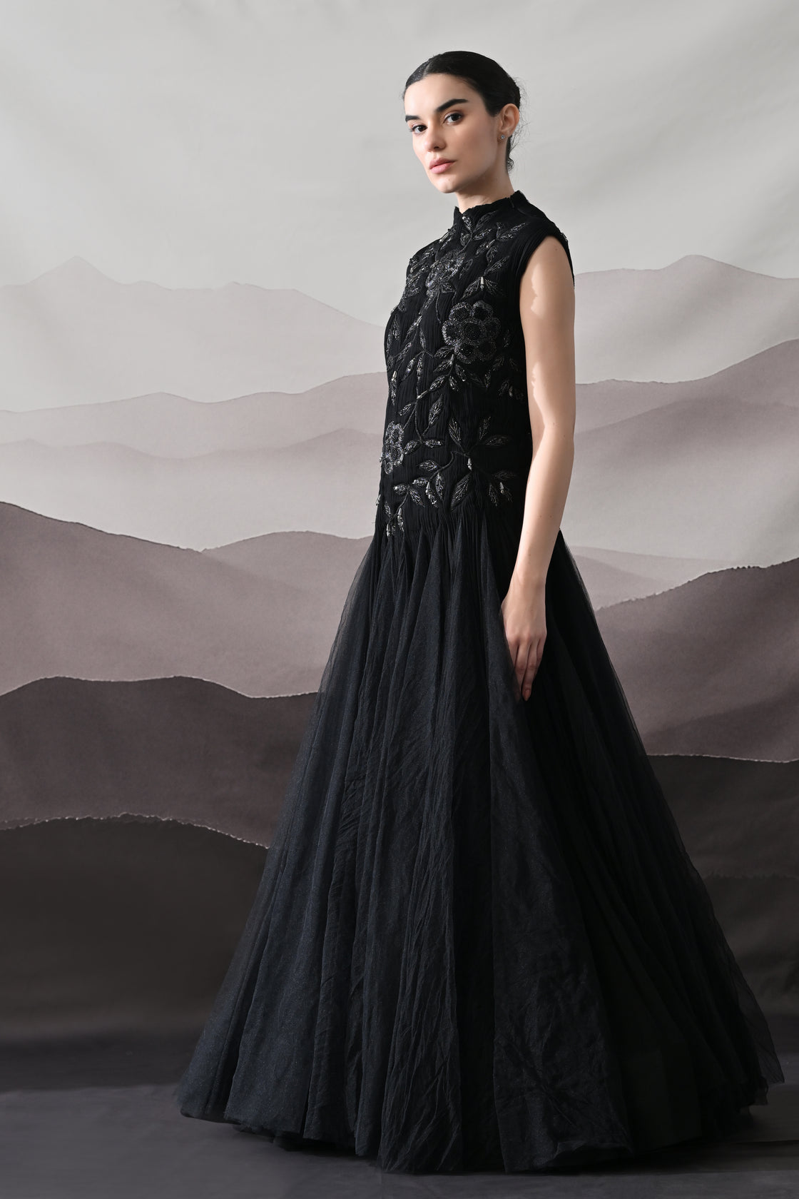 Black Hand-Embroidered Sleeveless Gown