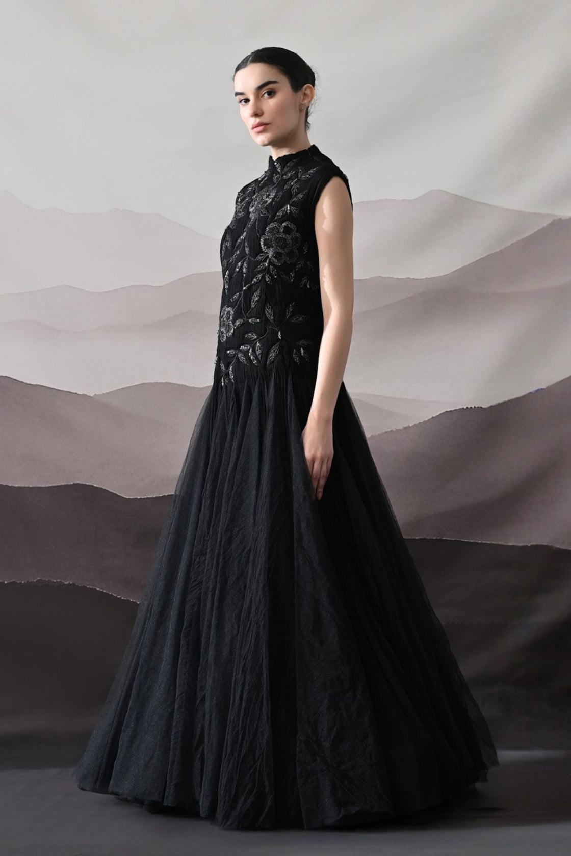 Black Hand-Embroidered Sleeveless Gown