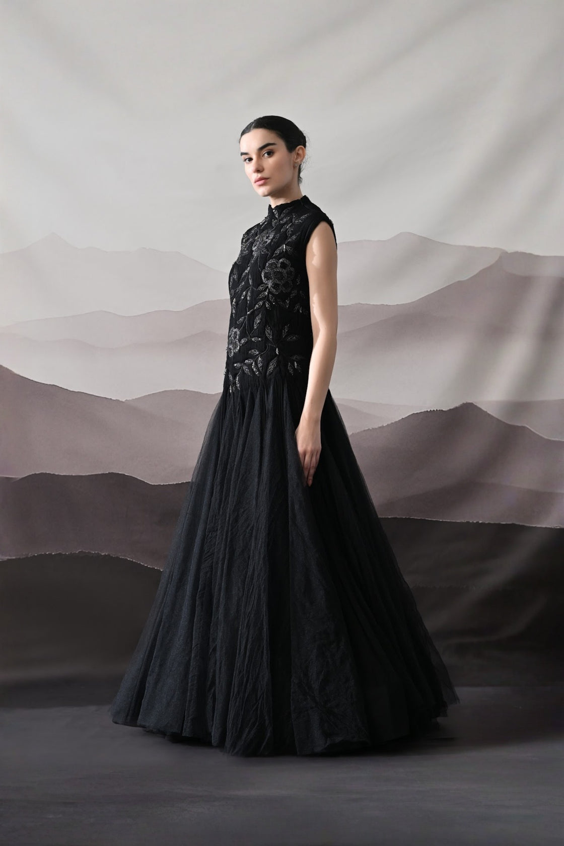 Black Hand-Embroidered Sleeveless Gown