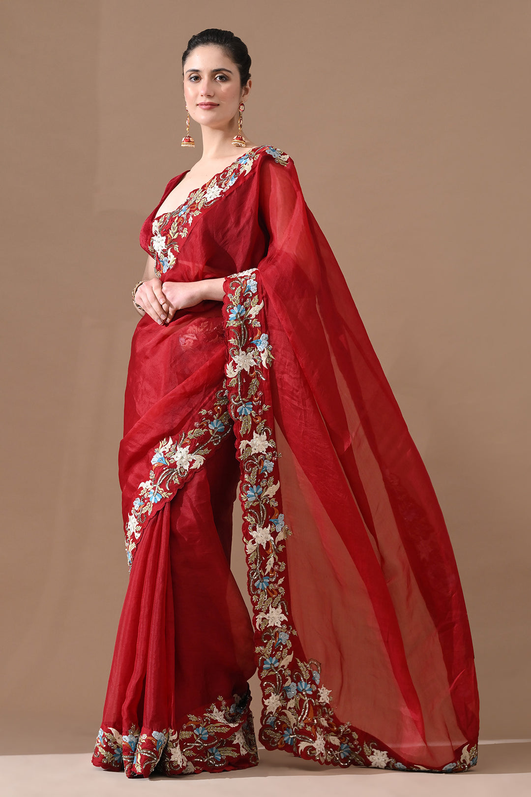 Ruby Red Floral Threadwork Saree