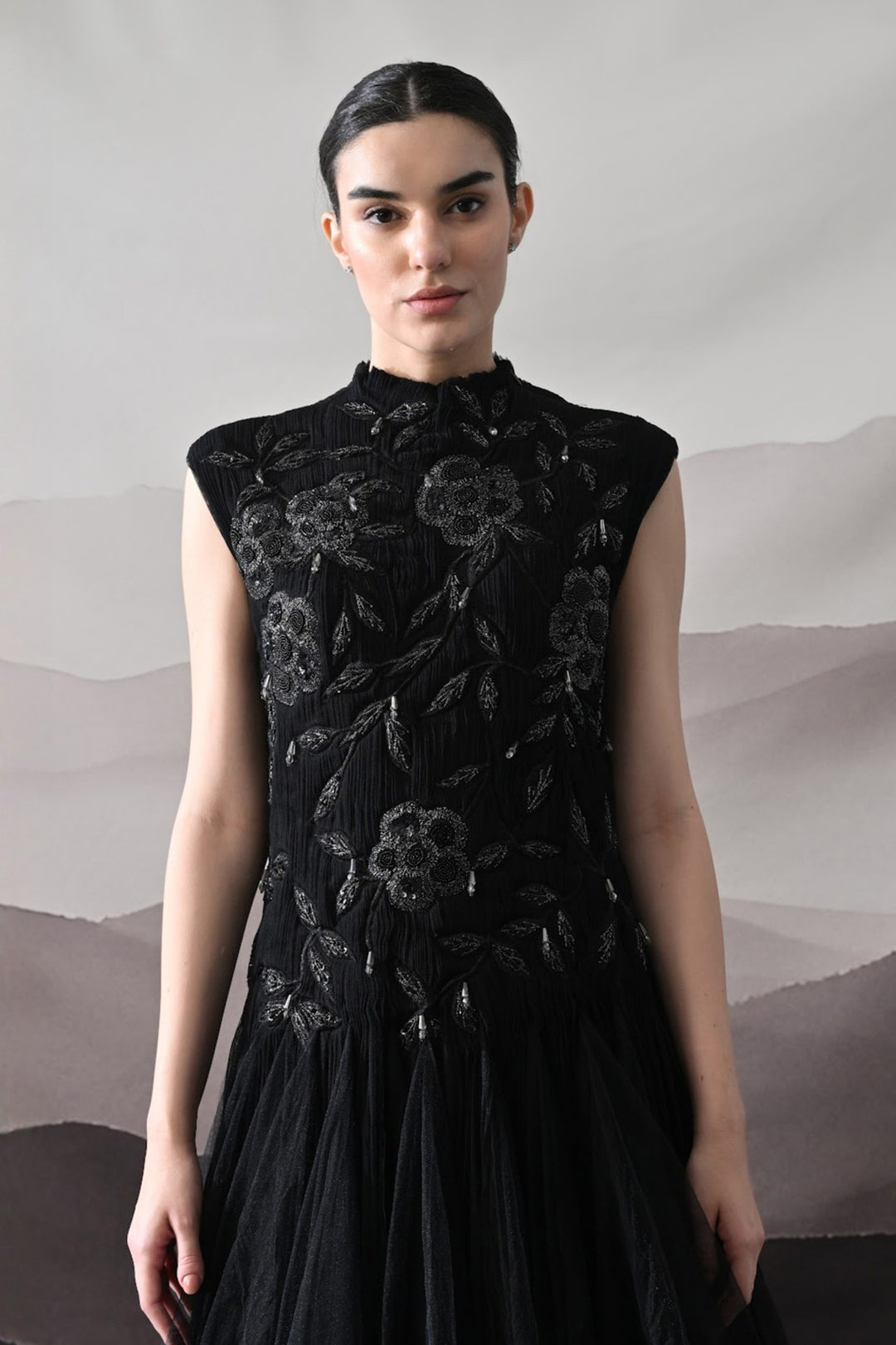 Black Hand-Embroidered Sleeveless Gown