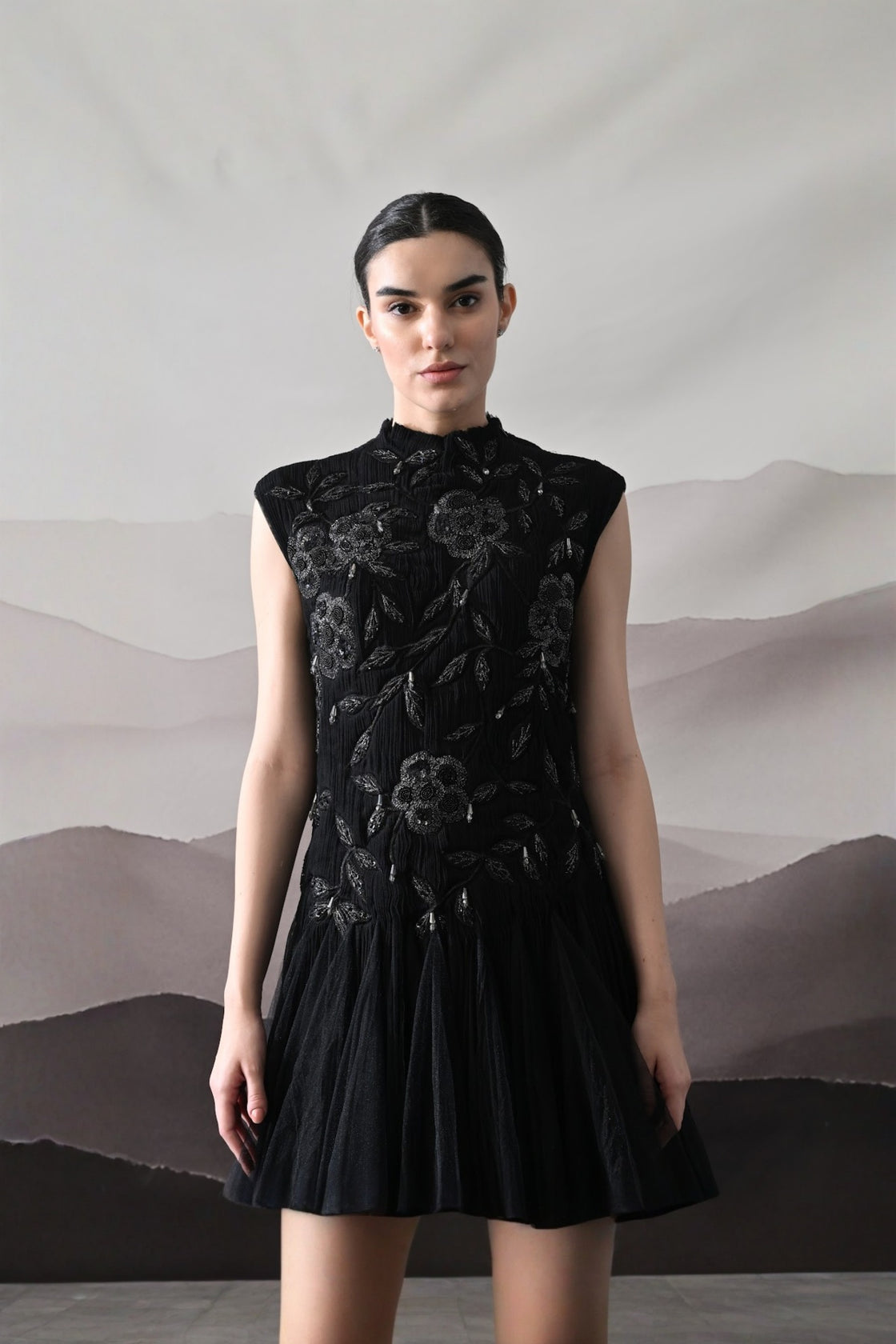 Black Hand-Embroidered Sleeveless Gown