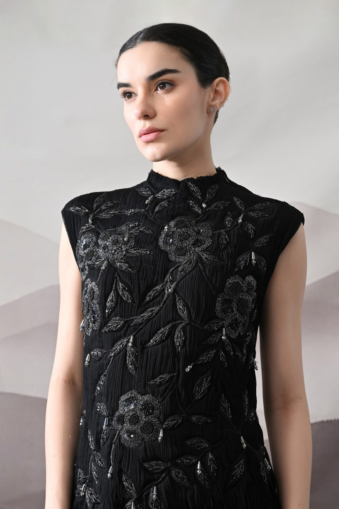 Black Hand-Embroidered Sleeveless Gown