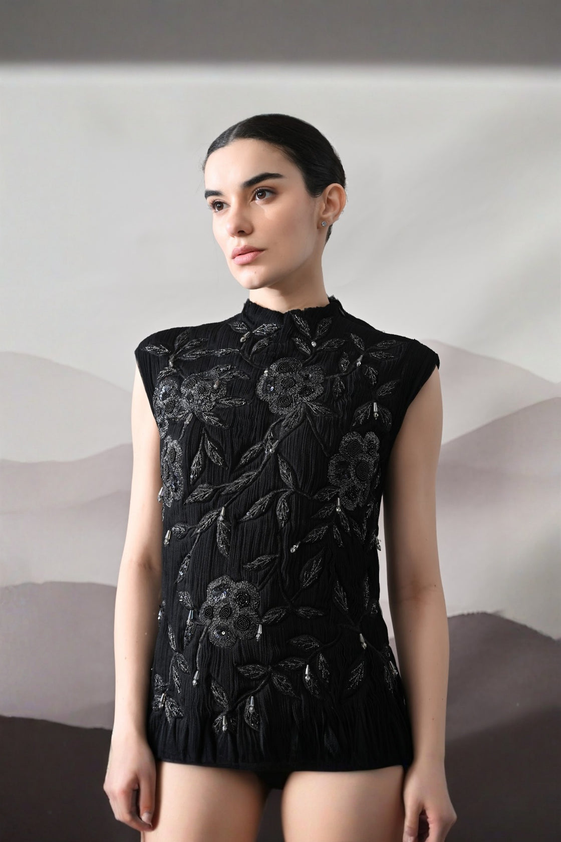 Black Hand-Embroidered Sleeveless Gown