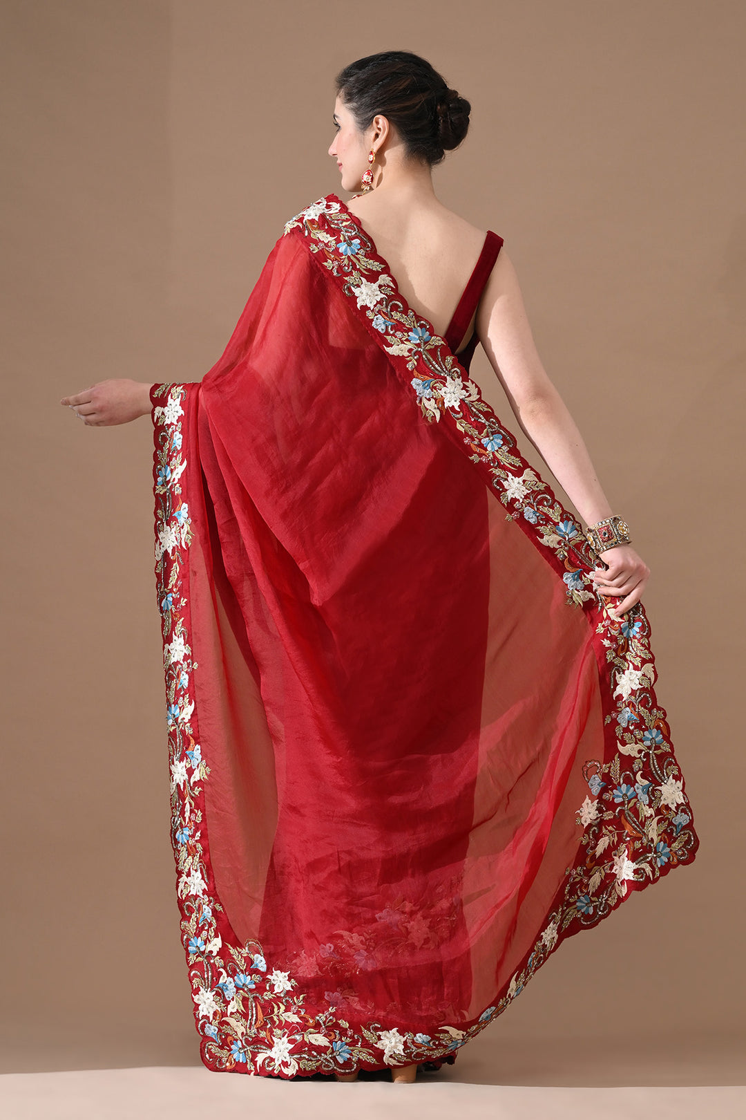 Ruby Red Floral Threadwork Saree