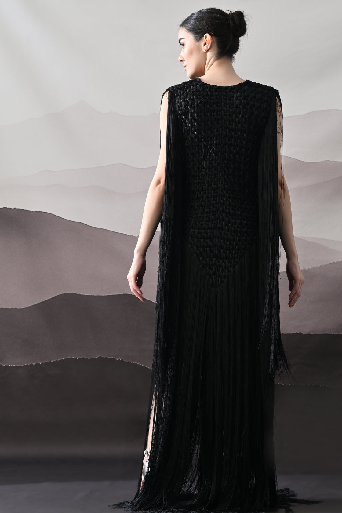 Black Full-Length Gown with Artisanal Texture and Fluid Movement