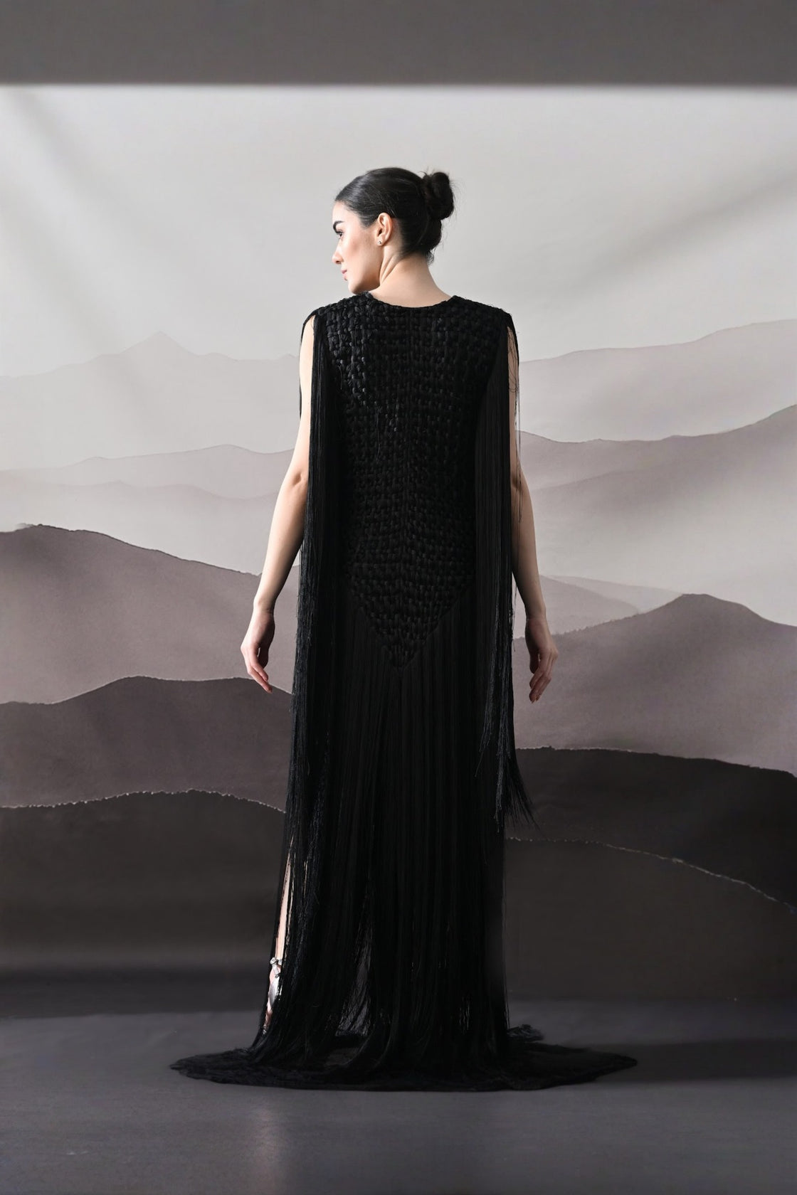 Black Full-Length Gown With Artisanal Texture And Fluid Movement