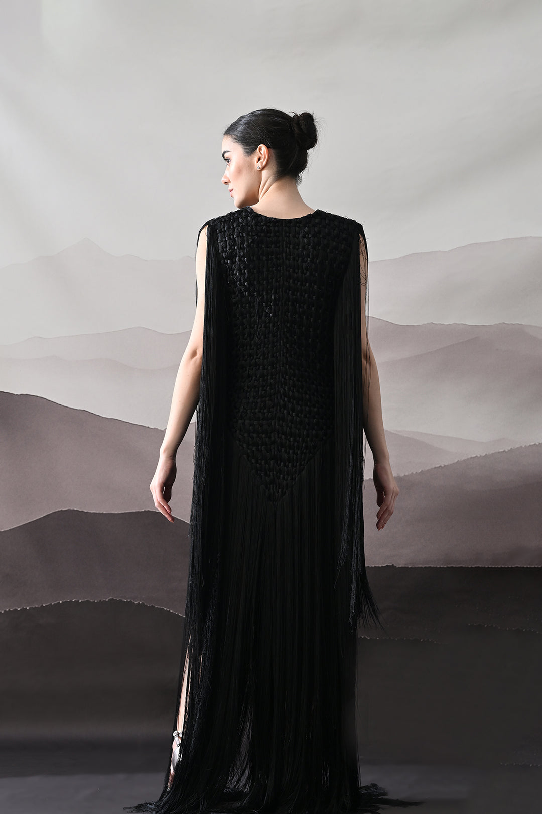 Black Full-Length Gown With Artisanal Texture And Fluid Movement
