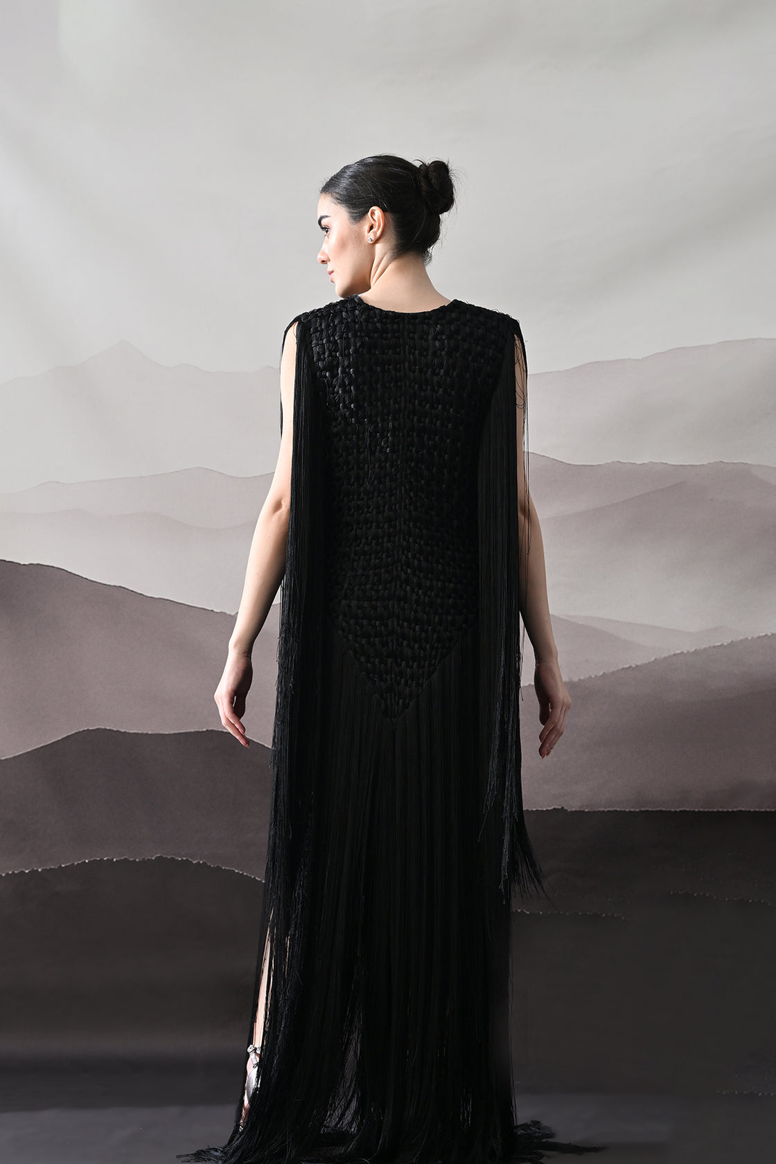 Black Full-Length Gown With Artisanal Texture And Fluid Movement