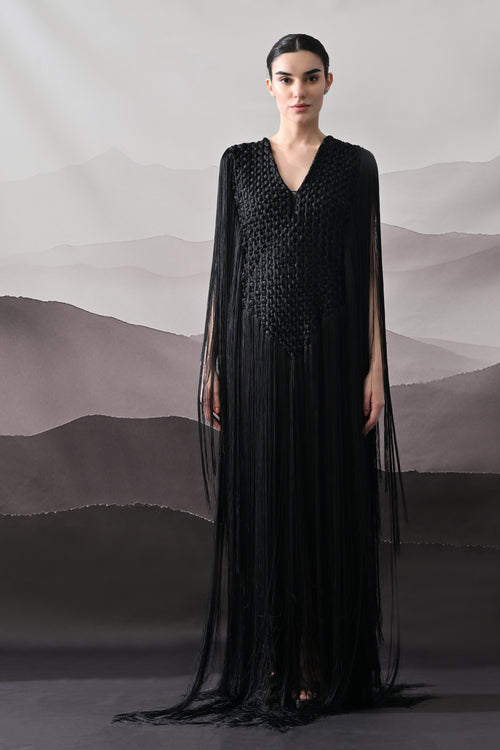 Black Full-Length Gown with Artisanal Texture and Fluid Movement