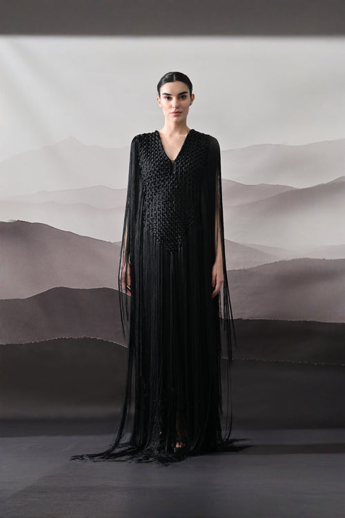 Black Full-Length Gown With Artisanal Texture And Fluid Movement