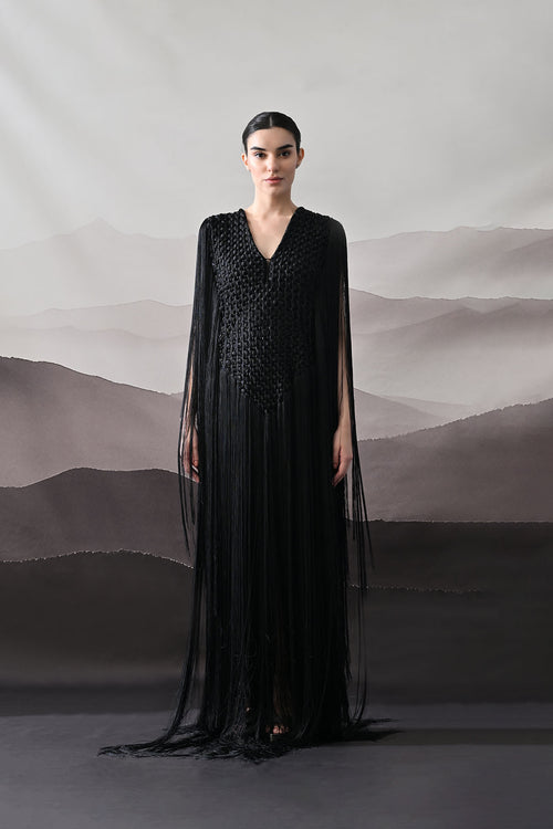 Black Full-Length Gown With Artisanal Texture And Fluid Movement