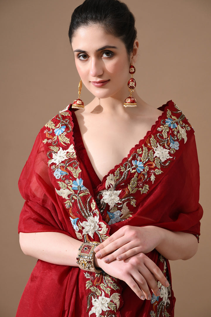 Ruby Red Floral Threadwork Saree