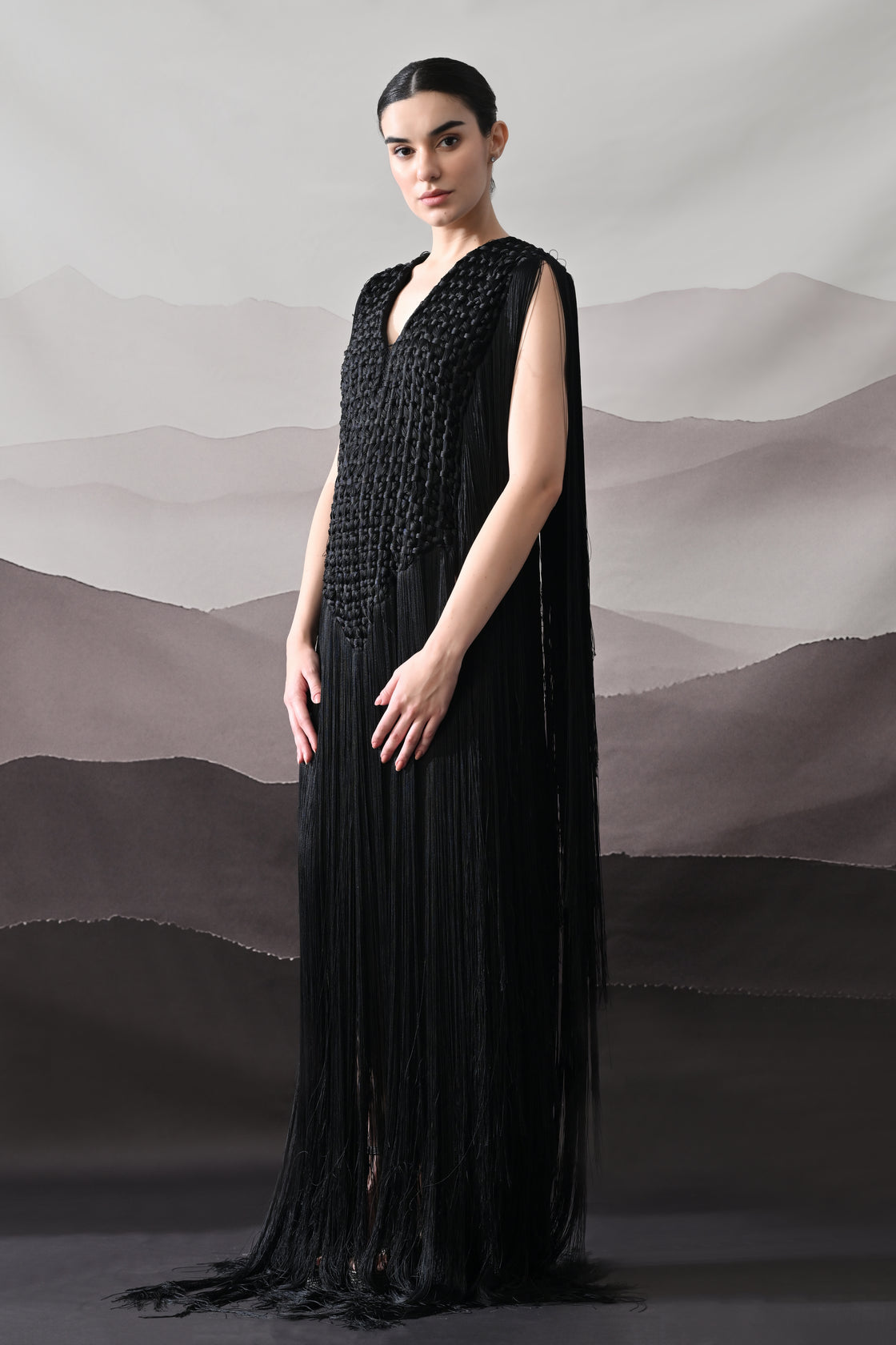 Black Full-Length Gown with Artisanal Texture and Fluid Movement