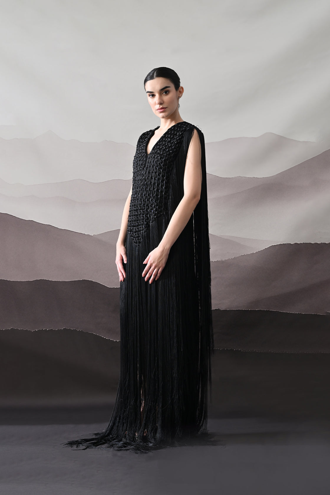 Black Full-Length Gown With Artisanal Texture And Fluid Movement