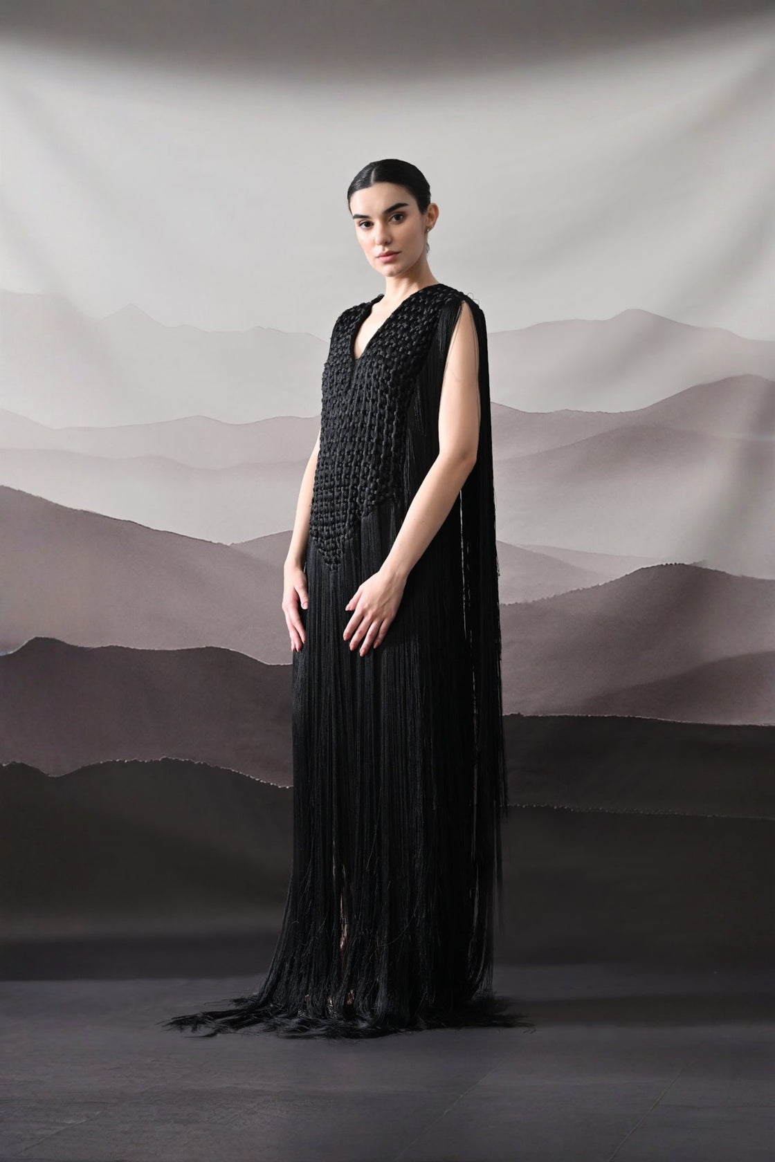Black Full-Length Gown With Artisanal Texture And Fluid Movement