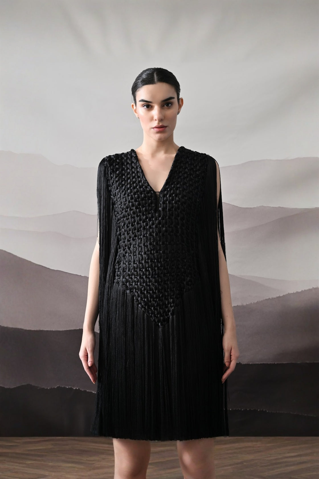 Black Full-Length Gown With Artisanal Texture And Fluid Movement