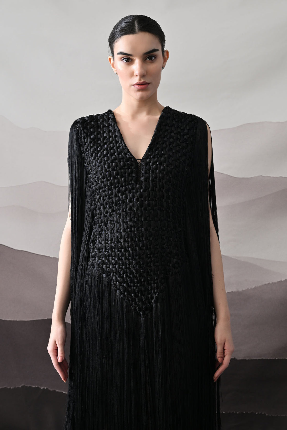 Black Full-Length Gown With Artisanal Texture And Fluid Movement