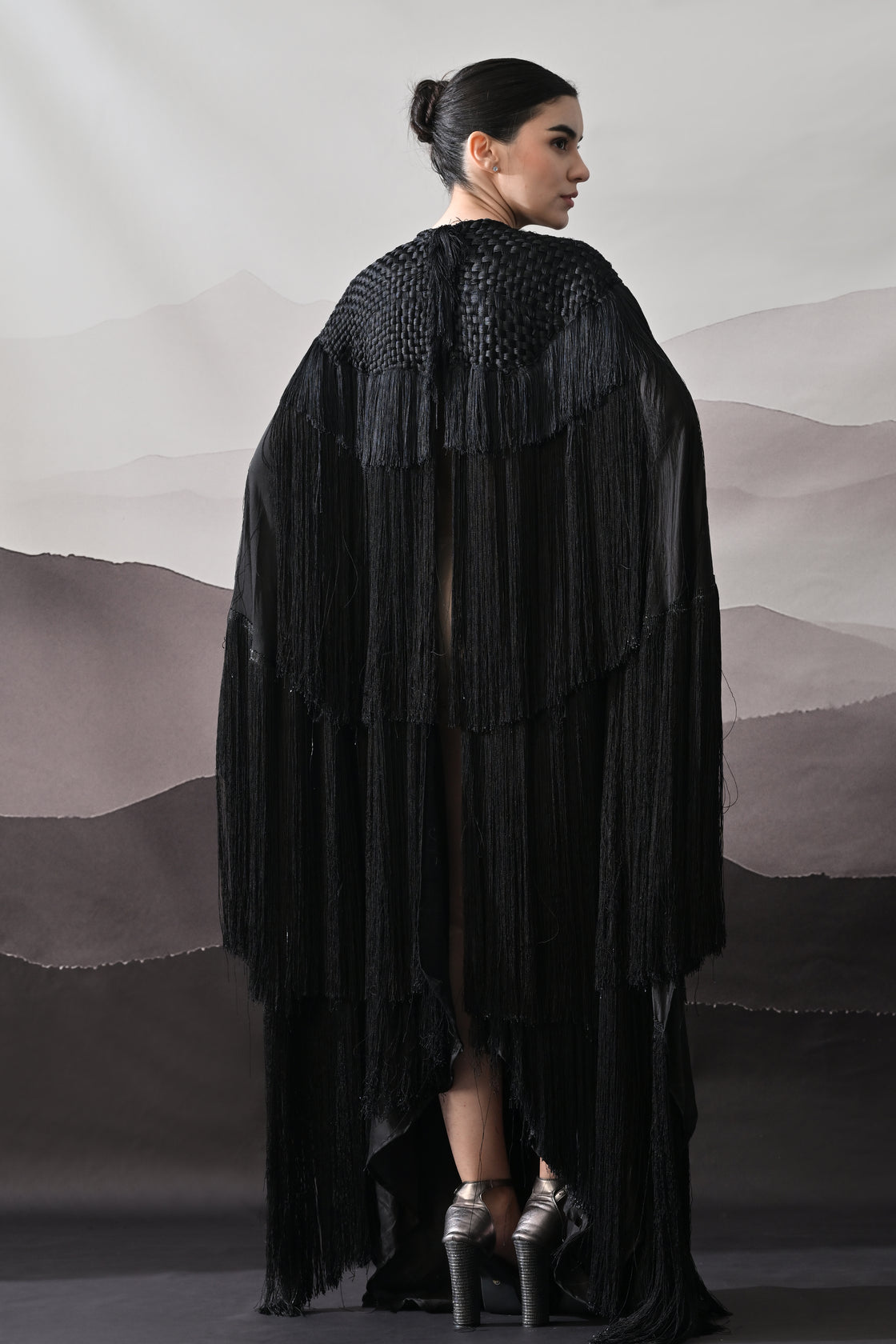 Black Gown with Handworked Yoke and Cascading Fringe