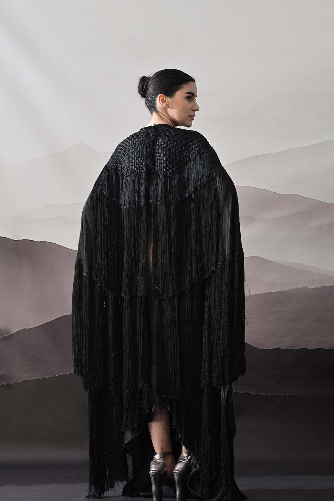Black Gown With Handworked Yoke And Cascading Fringe