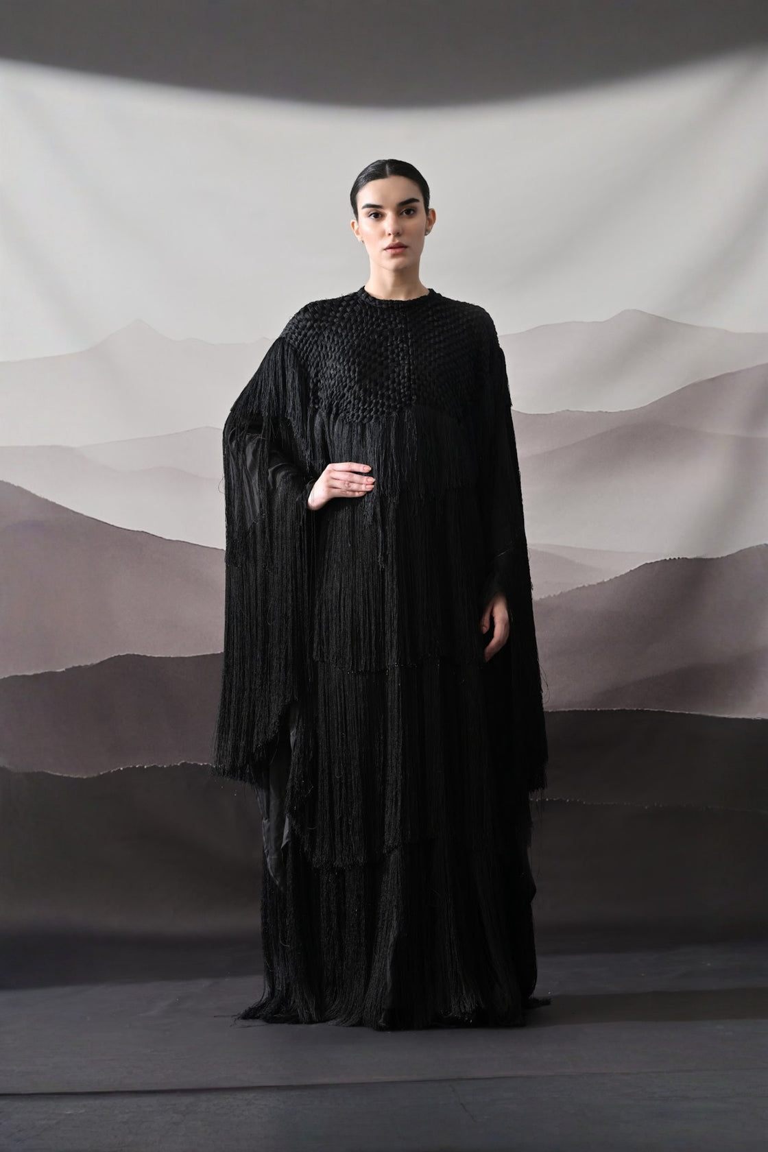 Black Gown With Handworked Yoke And Cascading Fringe