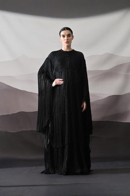 Black Gown With Handworked Yoke And Cascading Fringe