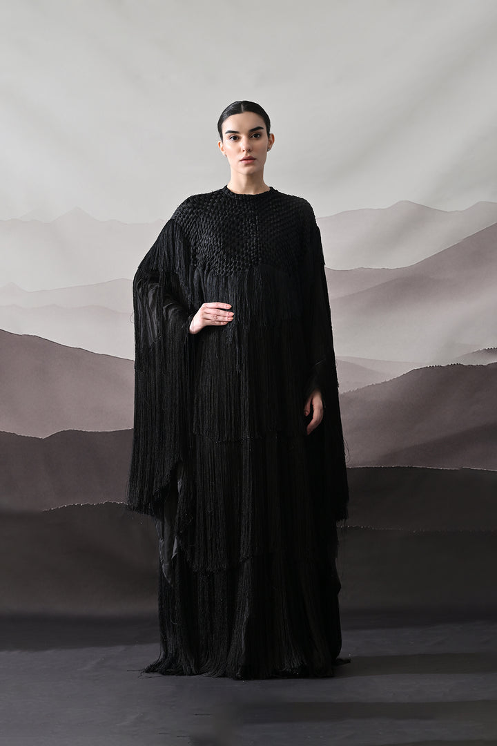 Black Gown With Handworked Yoke And Cascading Fringe
