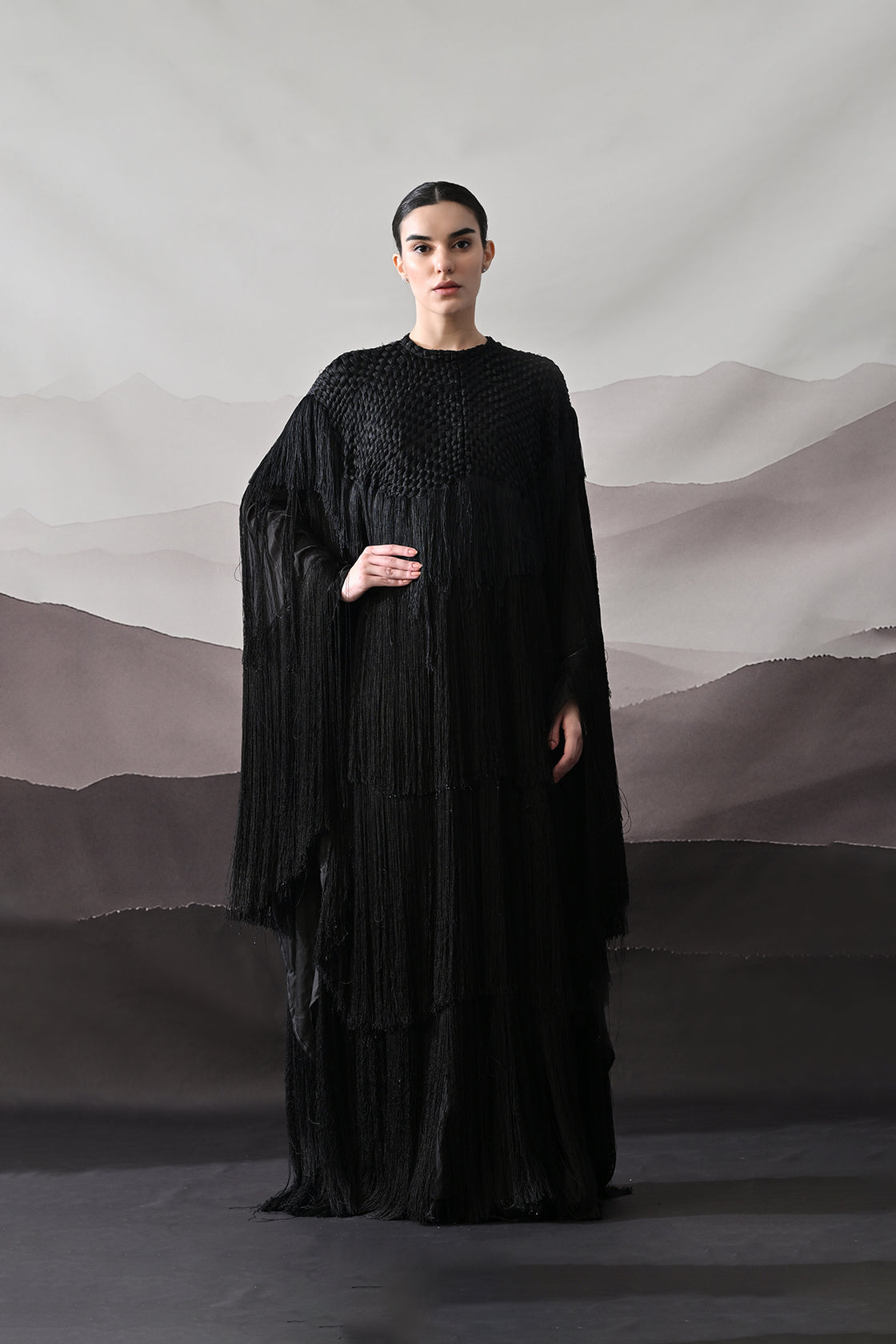 Black Gown With Handworked Yoke And Cascading Fringe