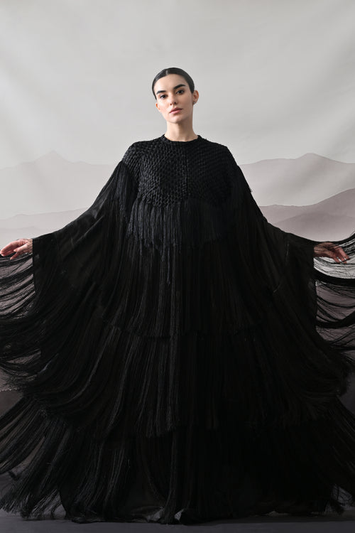 Black Gown with Handworked Yoke and Cascading Fringe