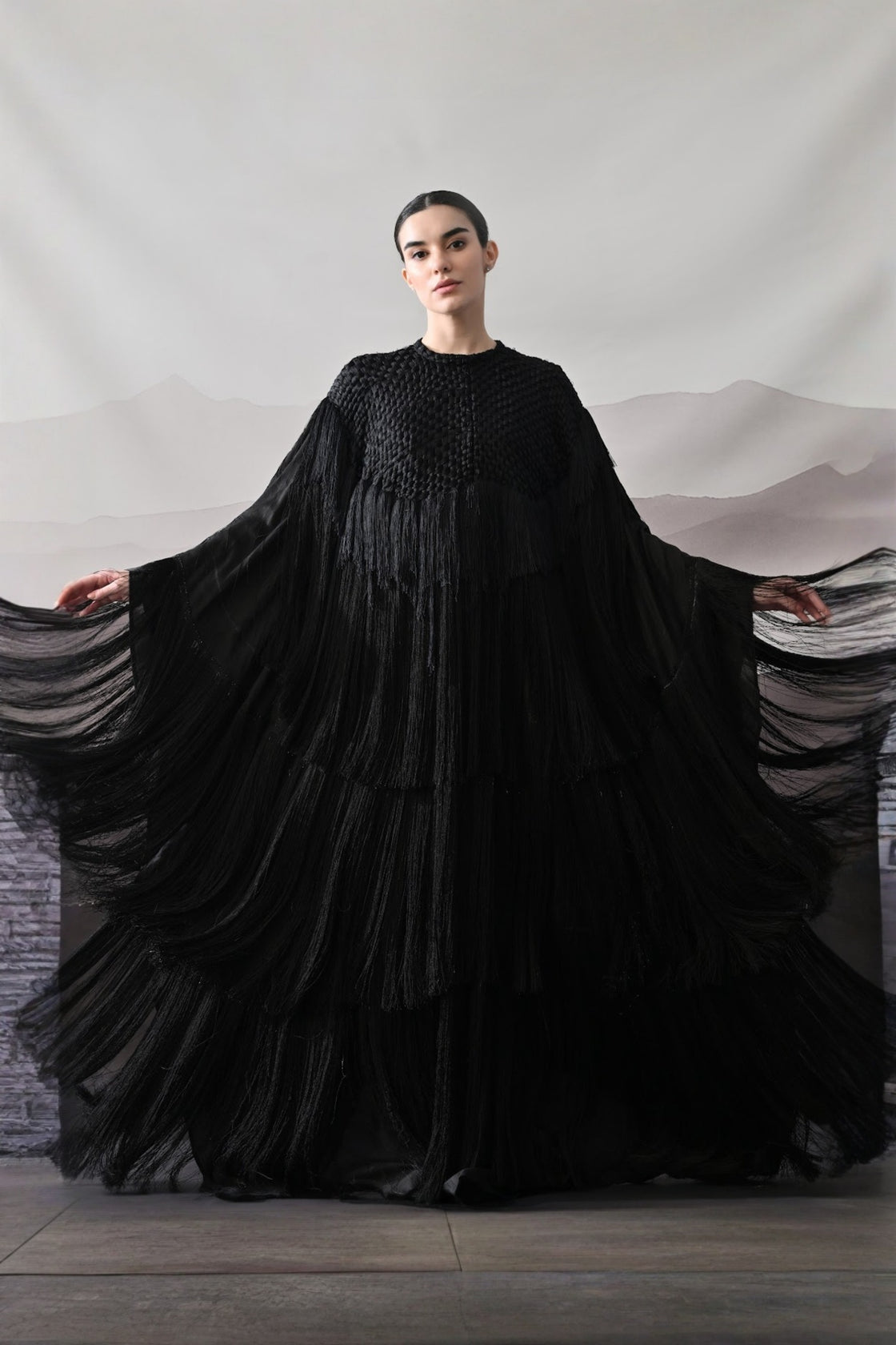 Black Gown With Handworked Yoke And Cascading Fringe