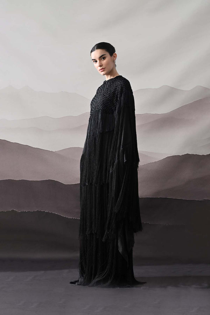 Black Gown With Handworked Yoke And Cascading Fringe