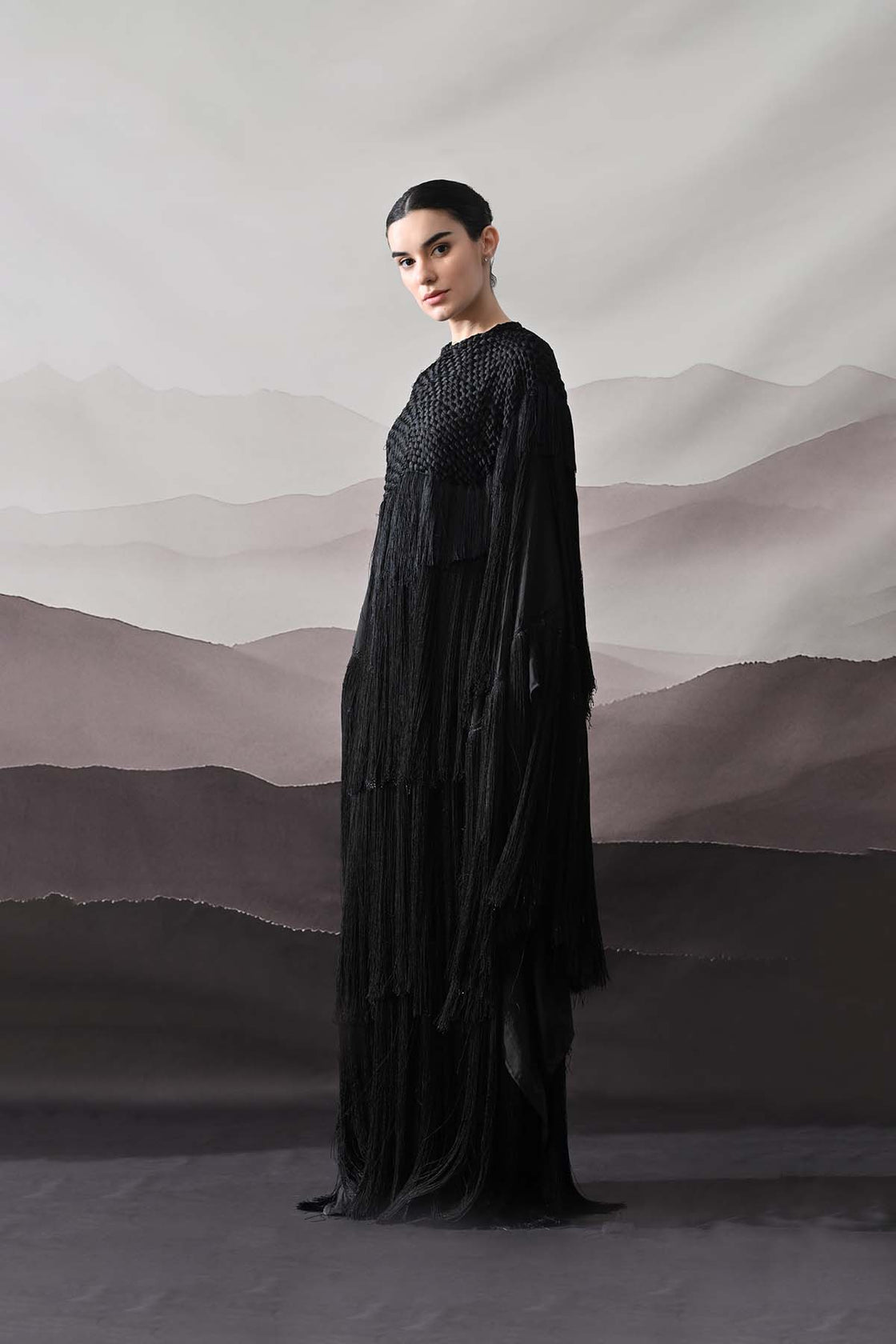 Black Gown With Handworked Yoke And Cascading Fringe