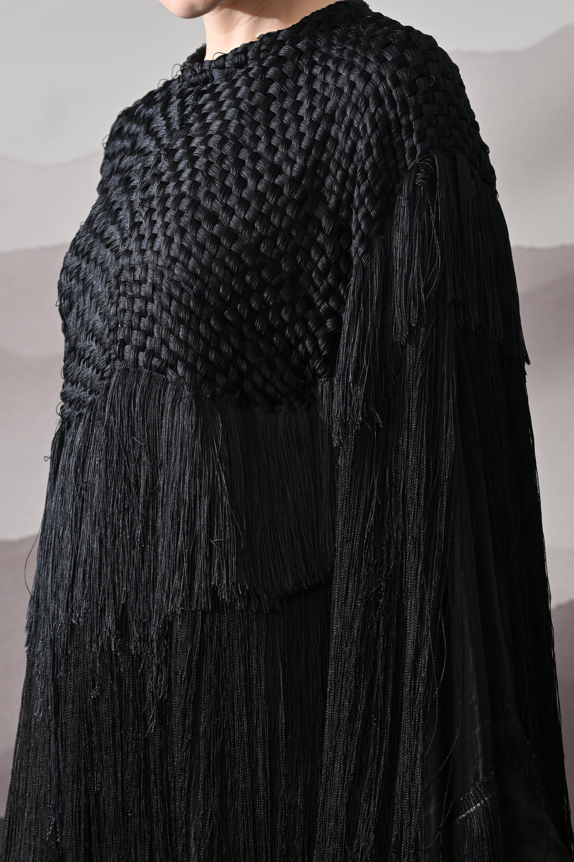 Black Gown with Handworked Yoke and Cascading Fringe