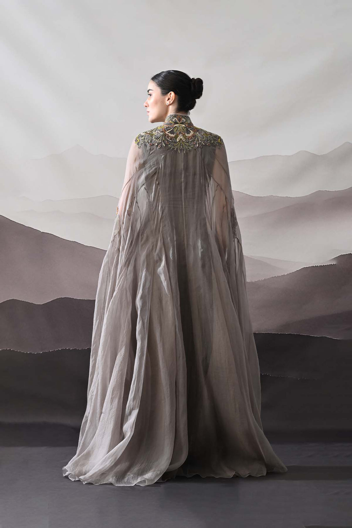 Grey Kaftan Featuring Heirloom Embroidery And Soft Layering