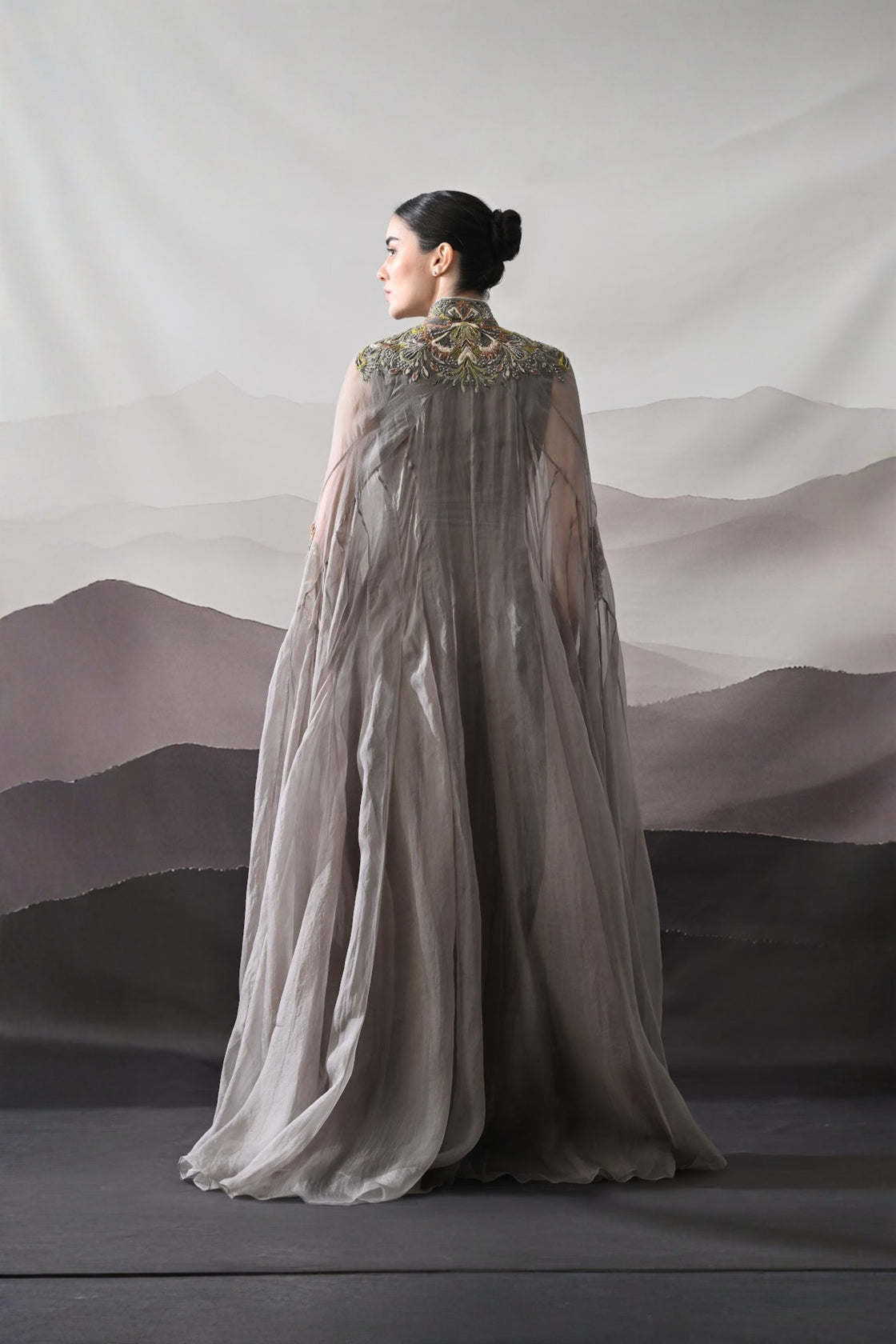 Grey Kaftan Featuring Heirloom Embroidery And Soft Layering