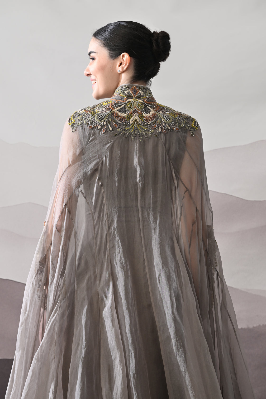Grey Gown Featuring Heirloom Embroidery and Soft Layering