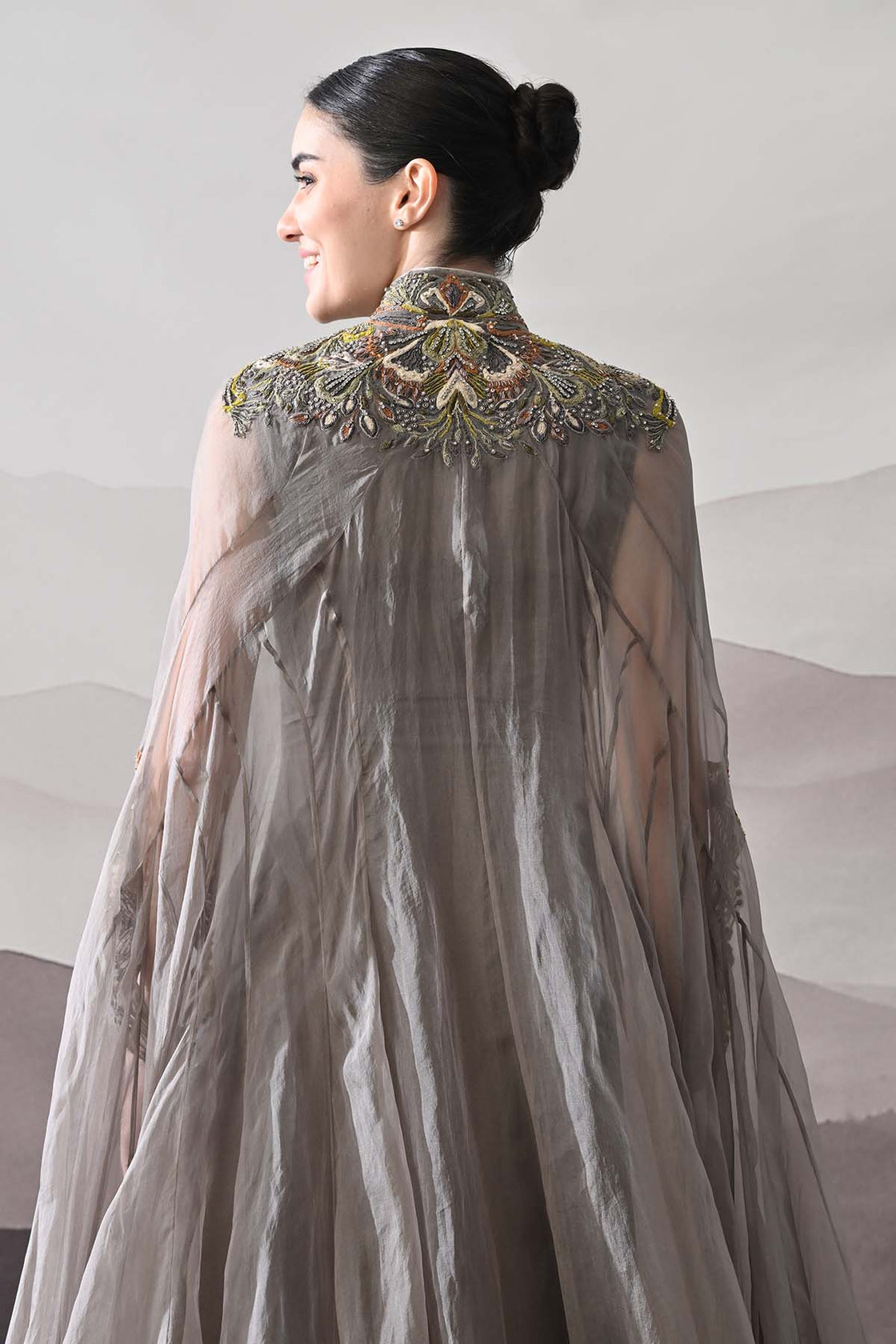 Grey Kaftan Featuring Heirloom Embroidery And Soft Layering