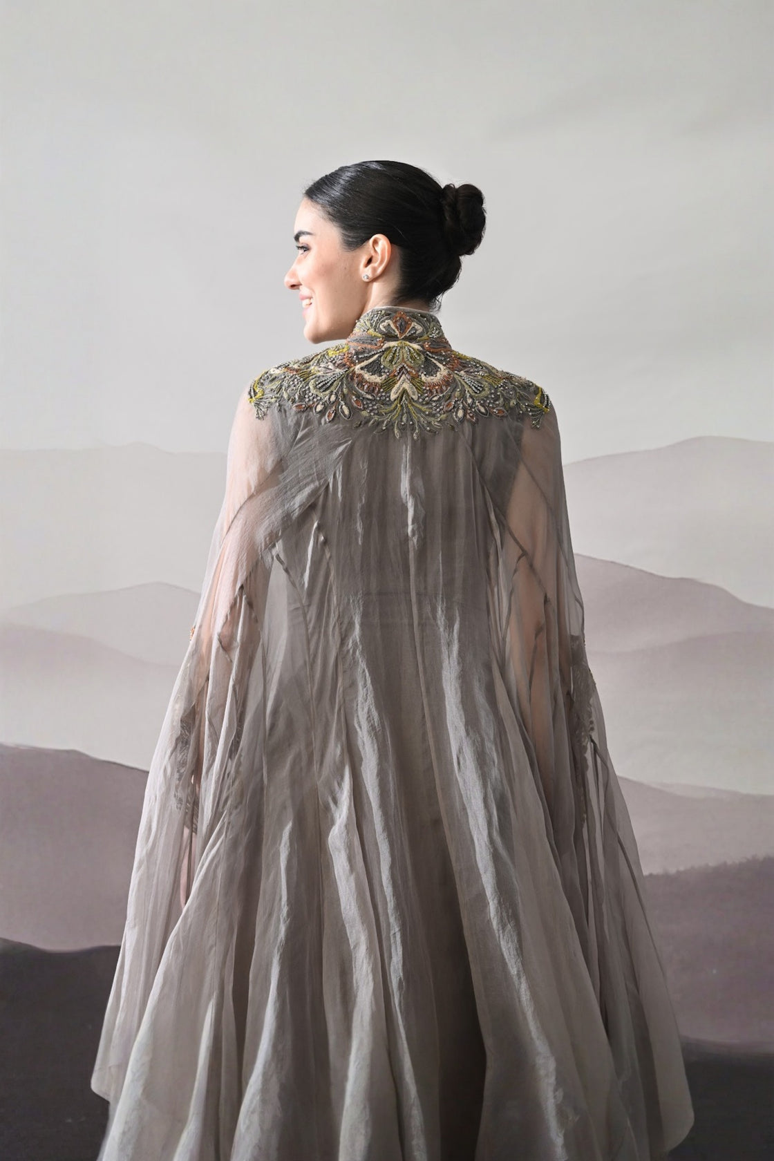 Grey Kaftan Featuring Heirloom Embroidery And Soft Layering