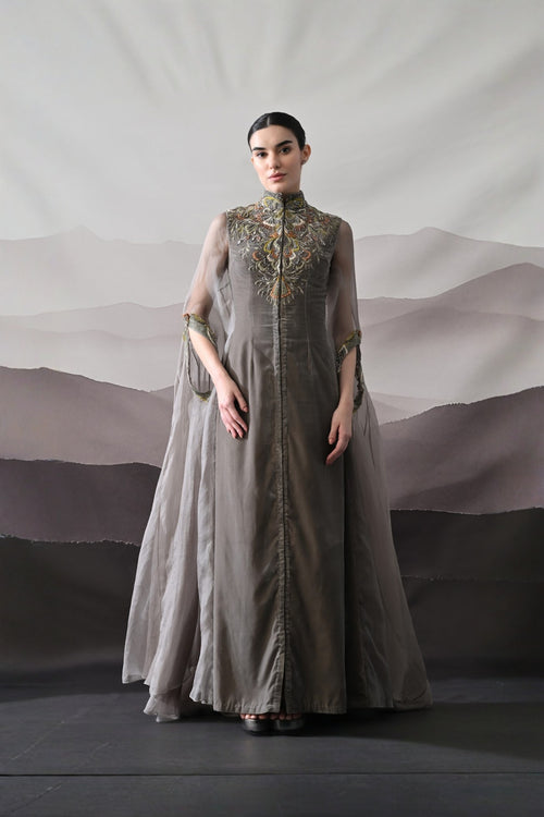 Grey Kaftan Featuring Heirloom Embroidery And Soft Layering