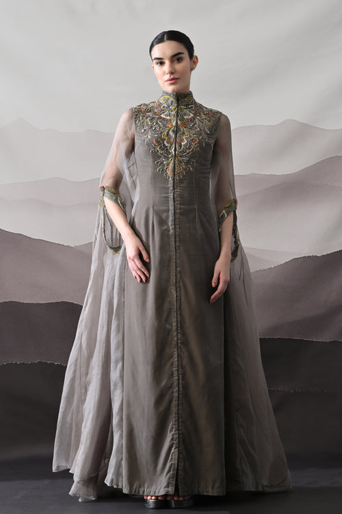 Grey Gown Featuring Heirloom Embroidery and Soft Layering