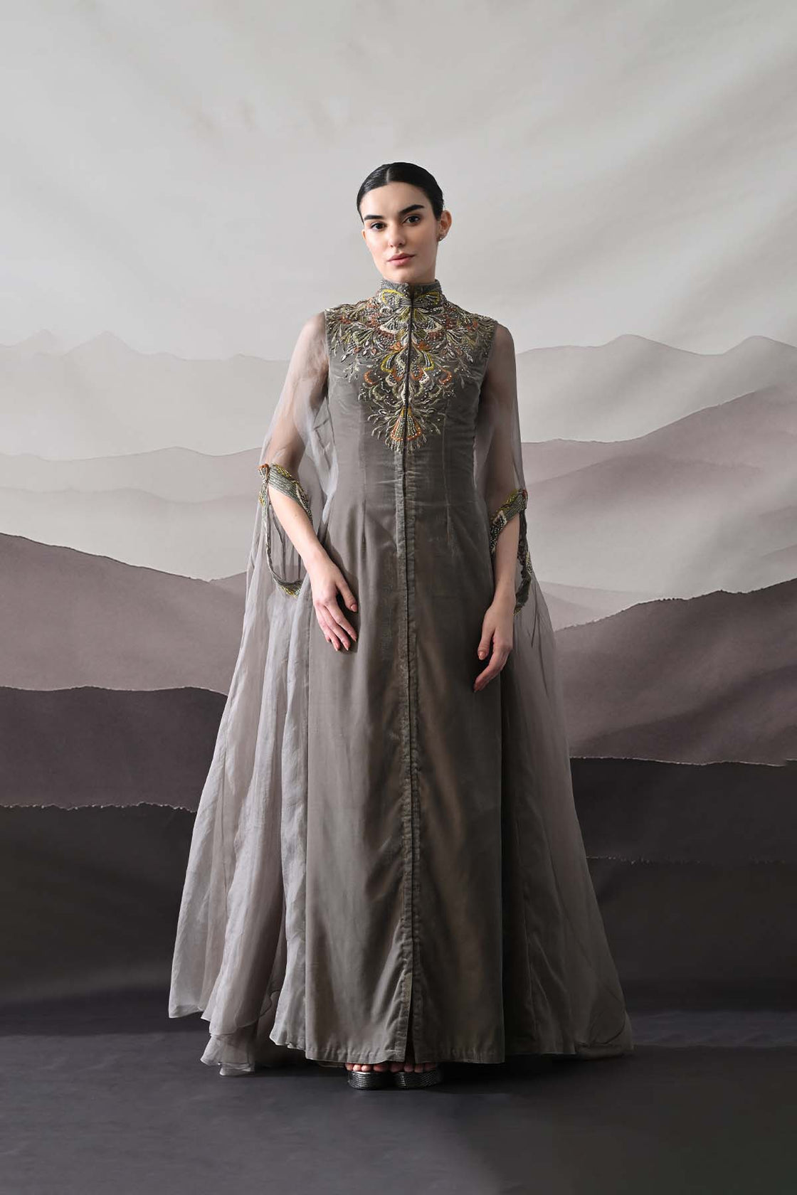 Grey Kaftan Featuring Heirloom Embroidery And Soft Layering