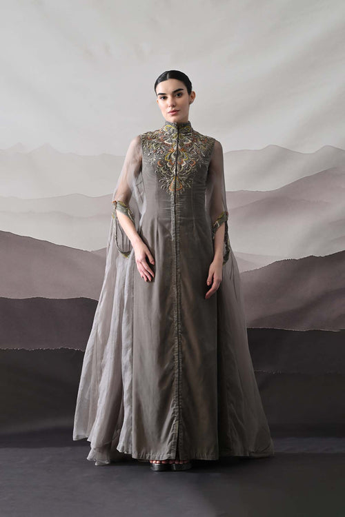 Grey Kaftan Featuring Heirloom Embroidery And Soft Layering
