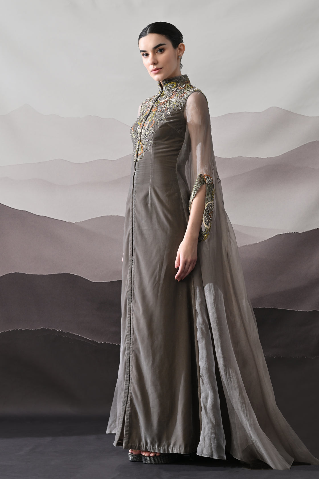 Grey Gown Featuring Heirloom Embroidery and Soft Layering