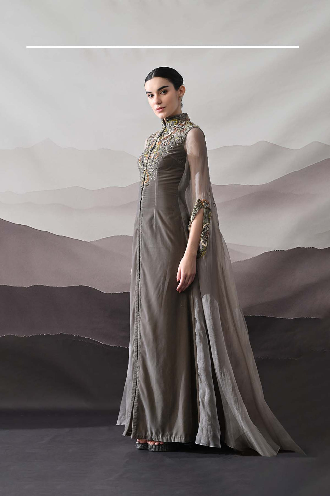 Grey Kaftan Featuring Heirloom Embroidery And Soft Layering