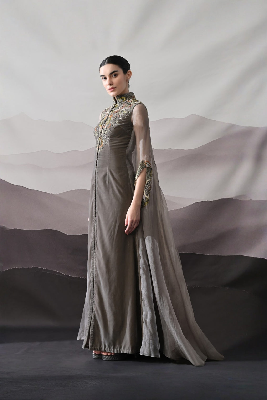 Grey Kaftan Featuring Heirloom Embroidery And Soft Layering