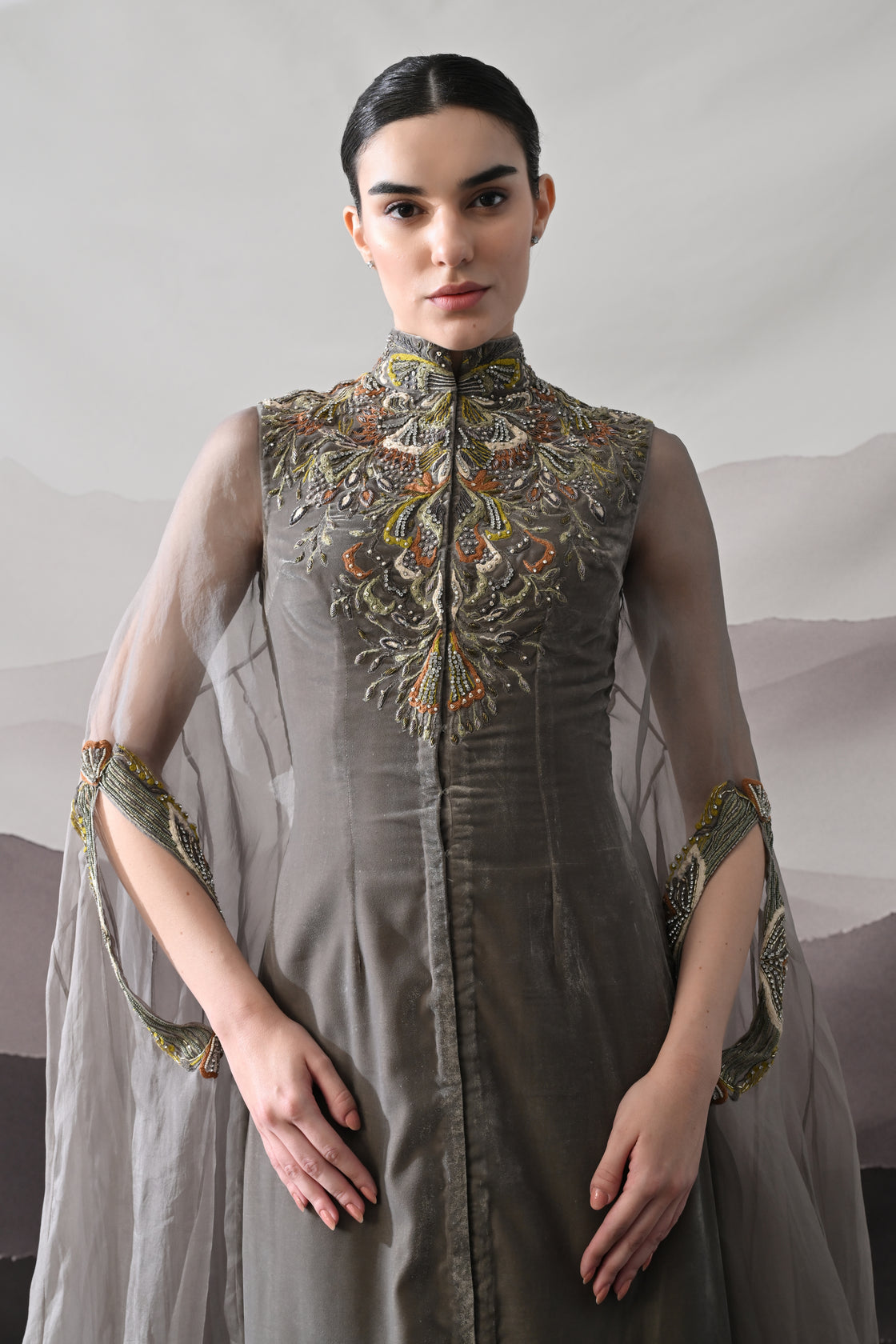 Grey Gown Featuring Heirloom Embroidery and Soft Layering