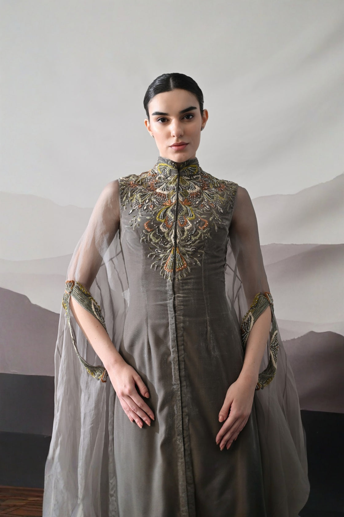 Grey Kaftan Featuring Heirloom Embroidery And Soft Layering