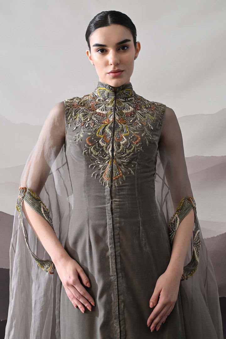 Grey Kaftan Featuring Heirloom Embroidery And Soft Layering